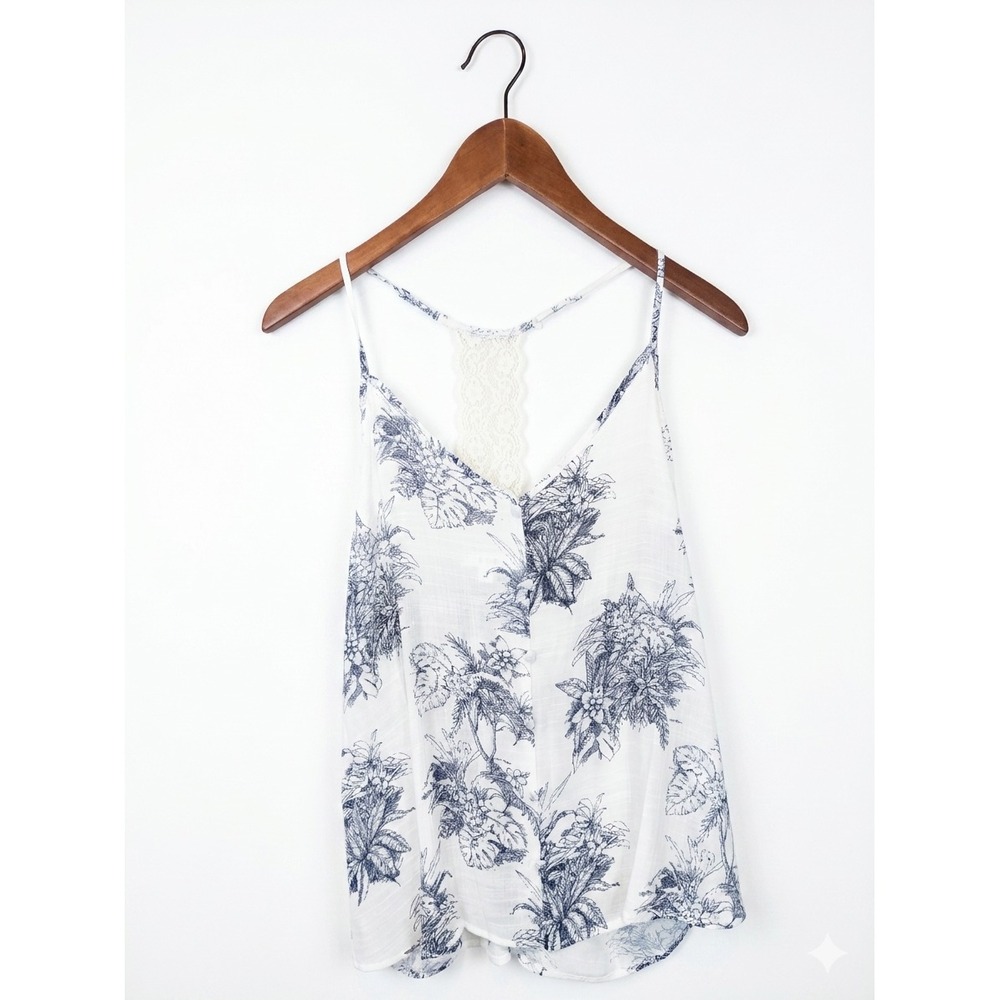 Euro Summer Tropical Lace Racerback Button Front Camisole Top White Navy Floral